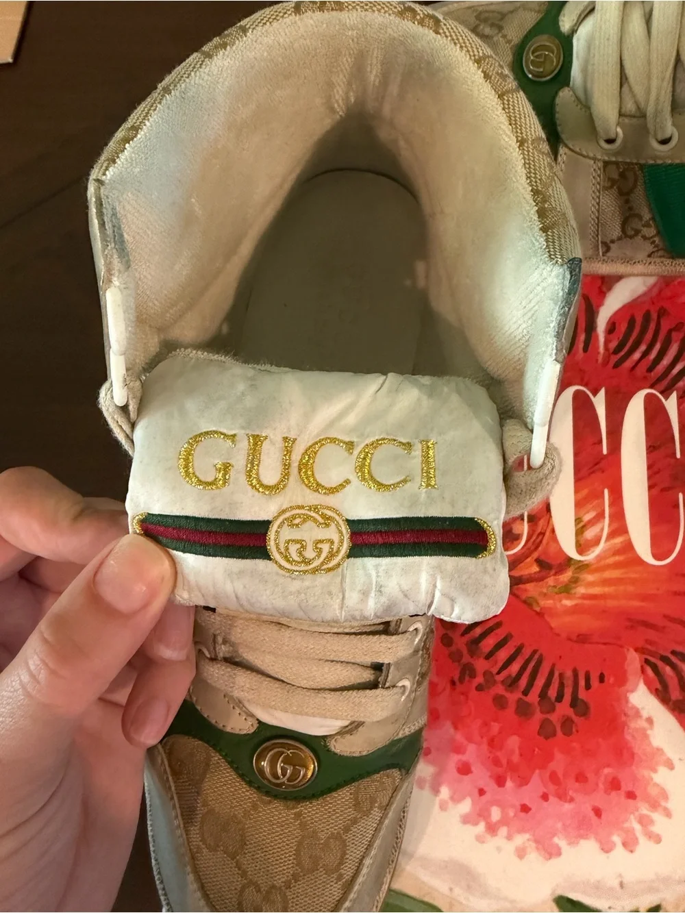 Gucci Beige Canvas High-Top Sneaker with Green and Red Web